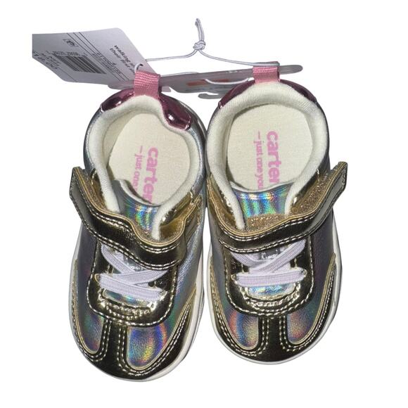 NWT Carters Toddler Girl Shoes Sz 4 Holographic with Gold Trim Easy On Walking - Picture 3 of 6